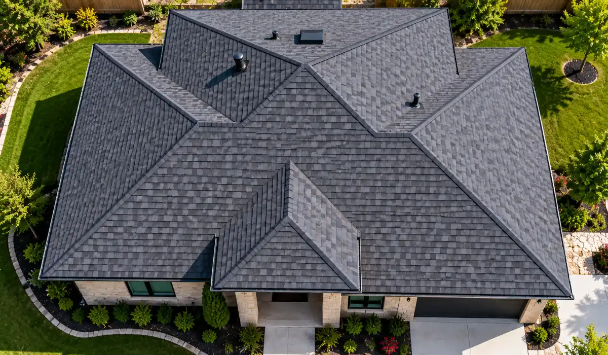 Aerial view of a large charcoal hip roof