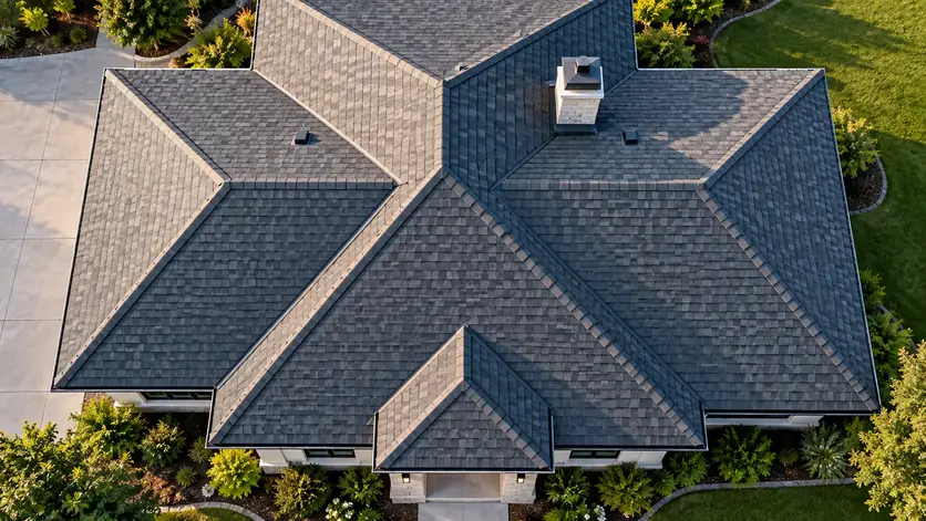 Expert Hip Roof Installation, Repair & Replacement in Houston, TX 3 Aerial view of a hip roof home by Roofprimer