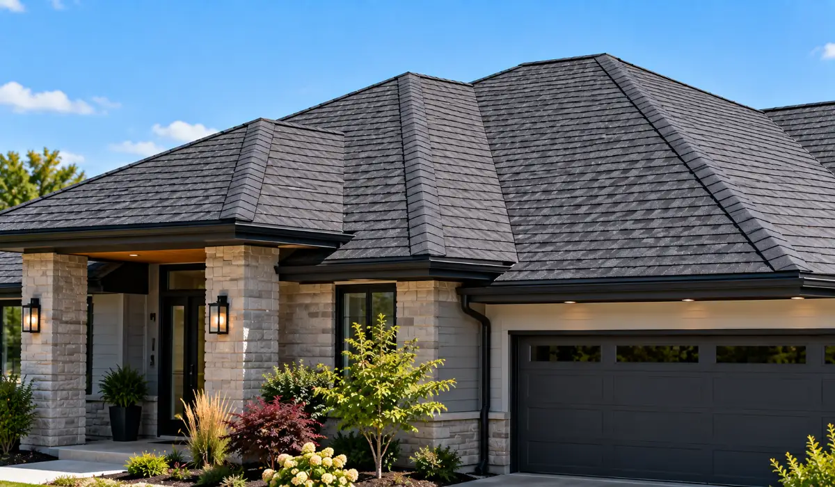 Modern home with a detailed charcoal hip roof