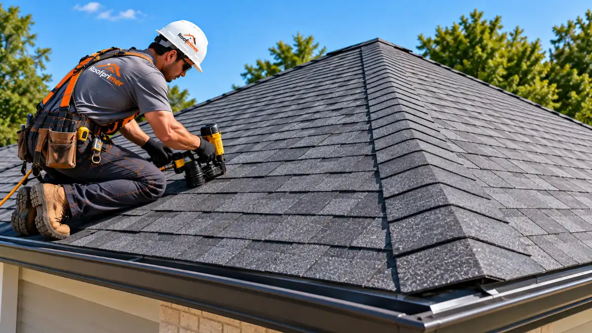 Roofer installing charcoal asphalt shingles on a hip roof using a pneumatic nail gun.