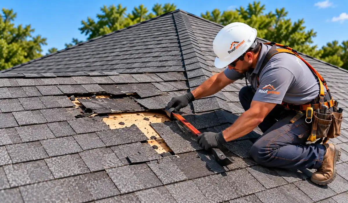 Roofer repairing damaged shingles on a hip roof