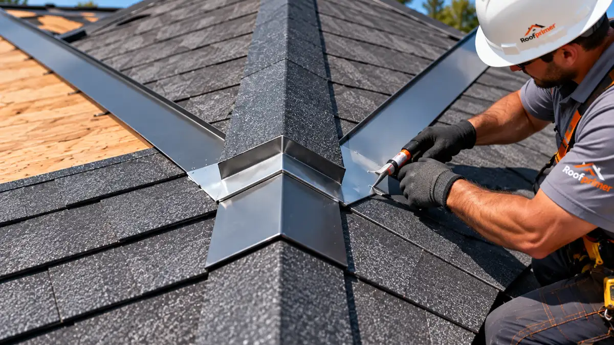 Roofer sealing hip roof flashing at a shingle junction.