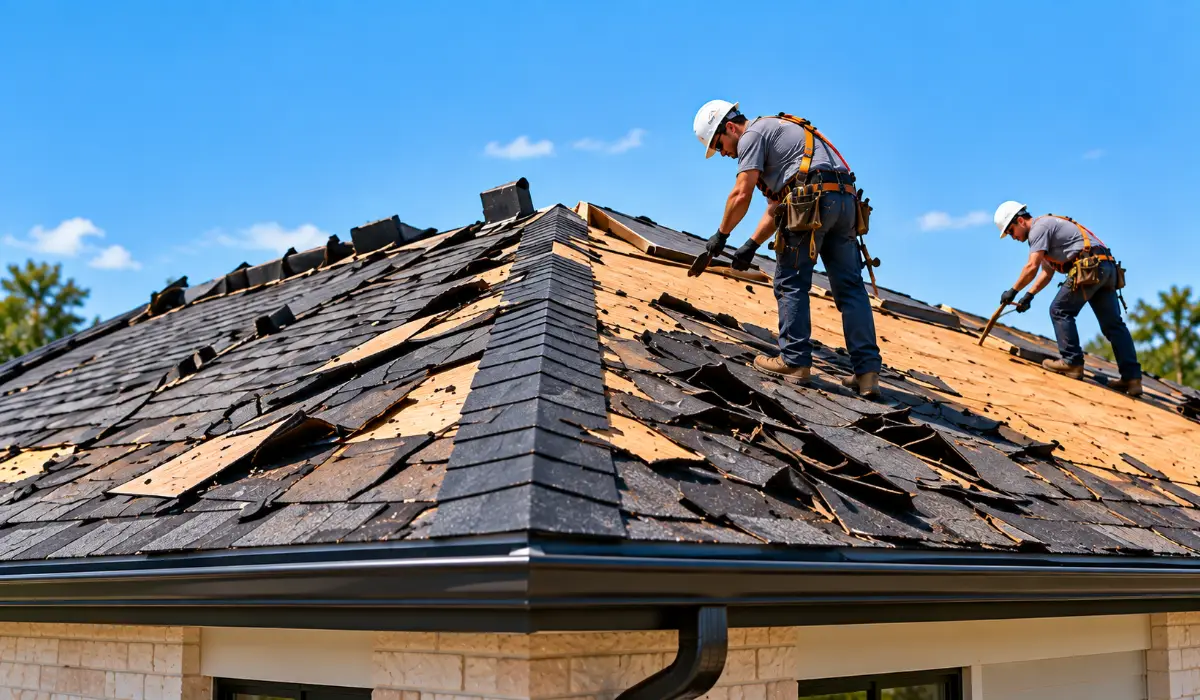 Roofers removing old shingles from a hip roof