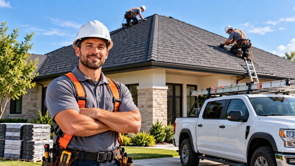 Roofprimer roofer in front of a finished hip roof home