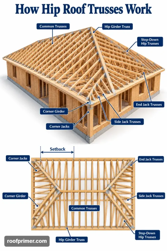 Hip Roof Trusses: Types, Structural Design, Cost and Rafters Compared 2 hip roof trusses layout diagram with girder, step-down and jack trusses