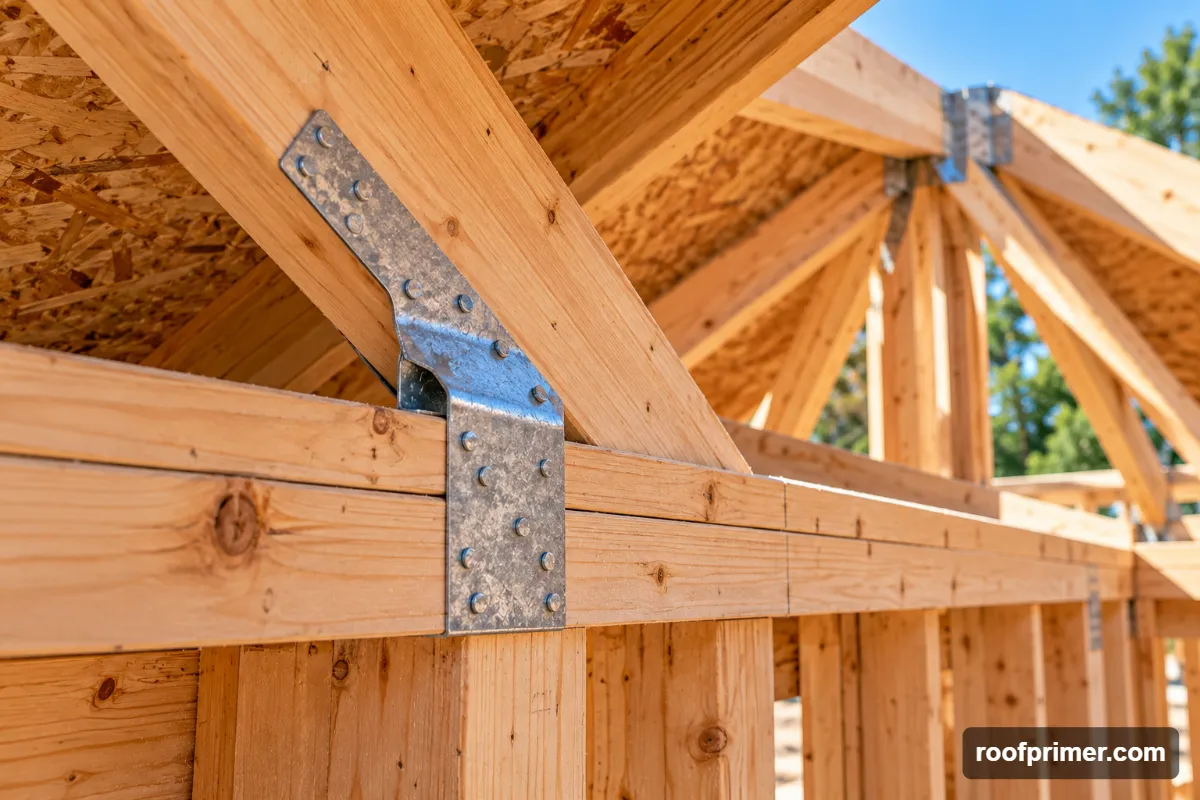 Hip Roof Framing: Diagram, Layout and Step-by-Step Construction 5 hurricane tie uplift connection on a hip roof rafter