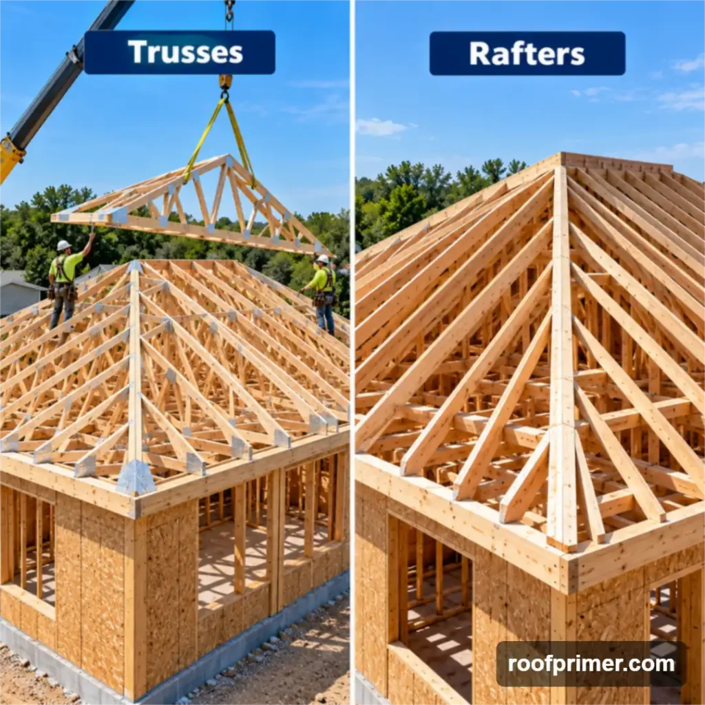 Hip Roof Trusses: Types, Structural Design, Cost and Rafters Compared 4 trusses vs rafters for a hip roof